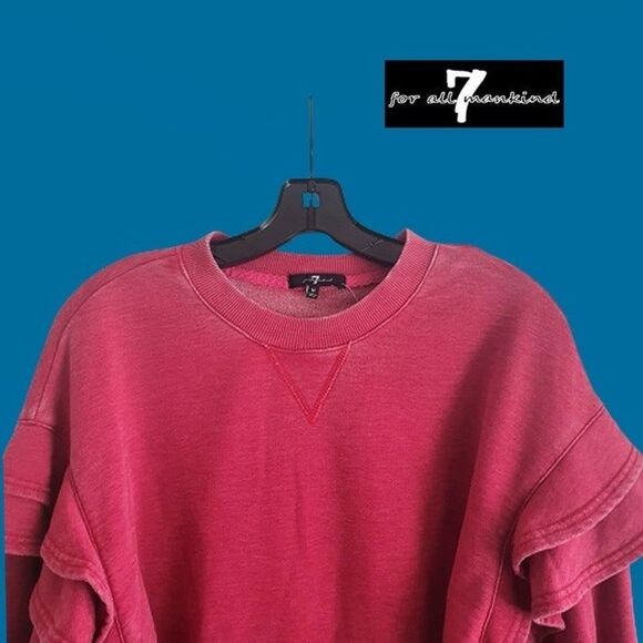 7 FOR ALL MANKIND NEW RED BERRY Ruffled Drop Shoulders Cropped Sweatshirt - Picture 2 of 11